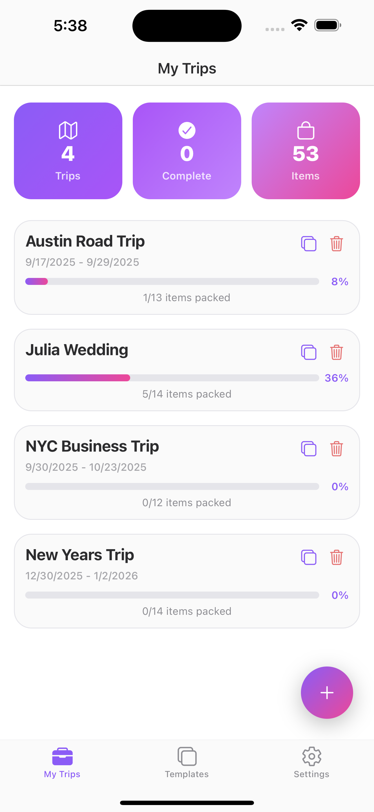Packing Checklist App Screen