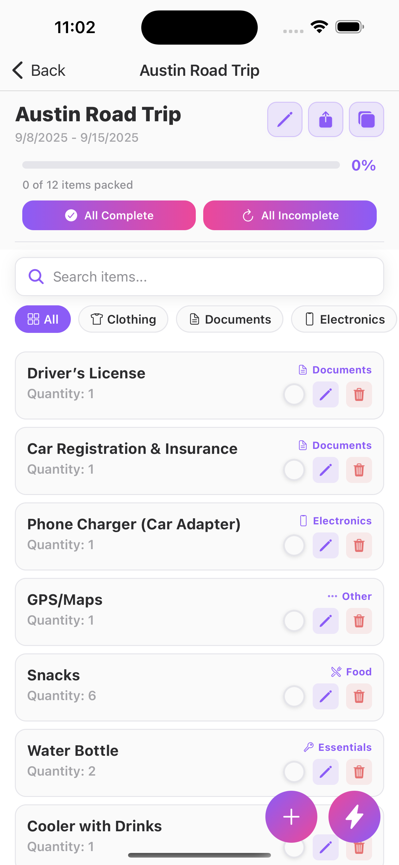 Packing List App Screen